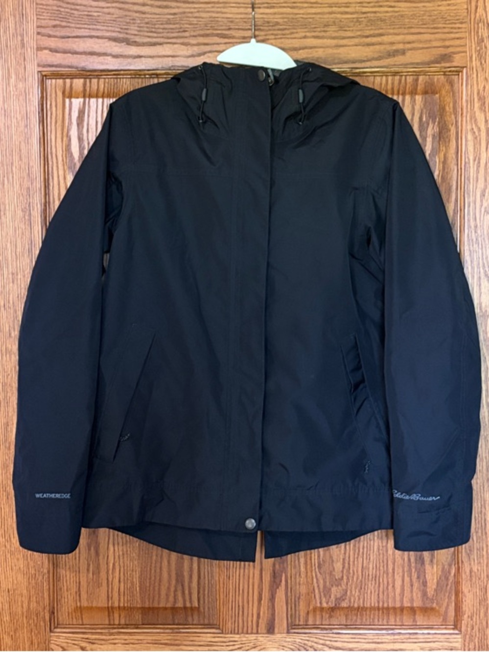 Eddie Bauer Black Hooded Rain Jacket w/zippered pockets & walking vent NWOT